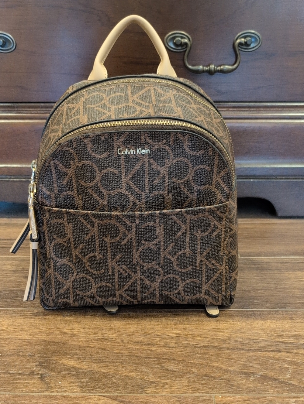 Calvin Klein Brown Monogram Mini Backpack with Tan Handle